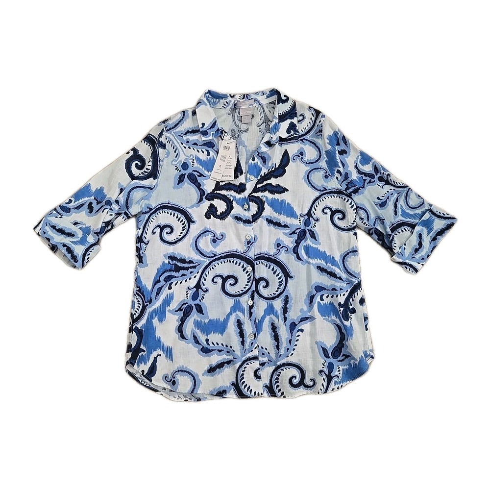 NWT Chicos 2 US 12 No Iron Linen Button Up Shirt Paisley 3/4 Sleeve Regatta Blue